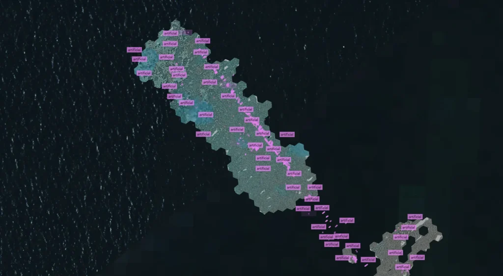 Cosma digital twin of the submarine outfall with georeferenced AI detections.