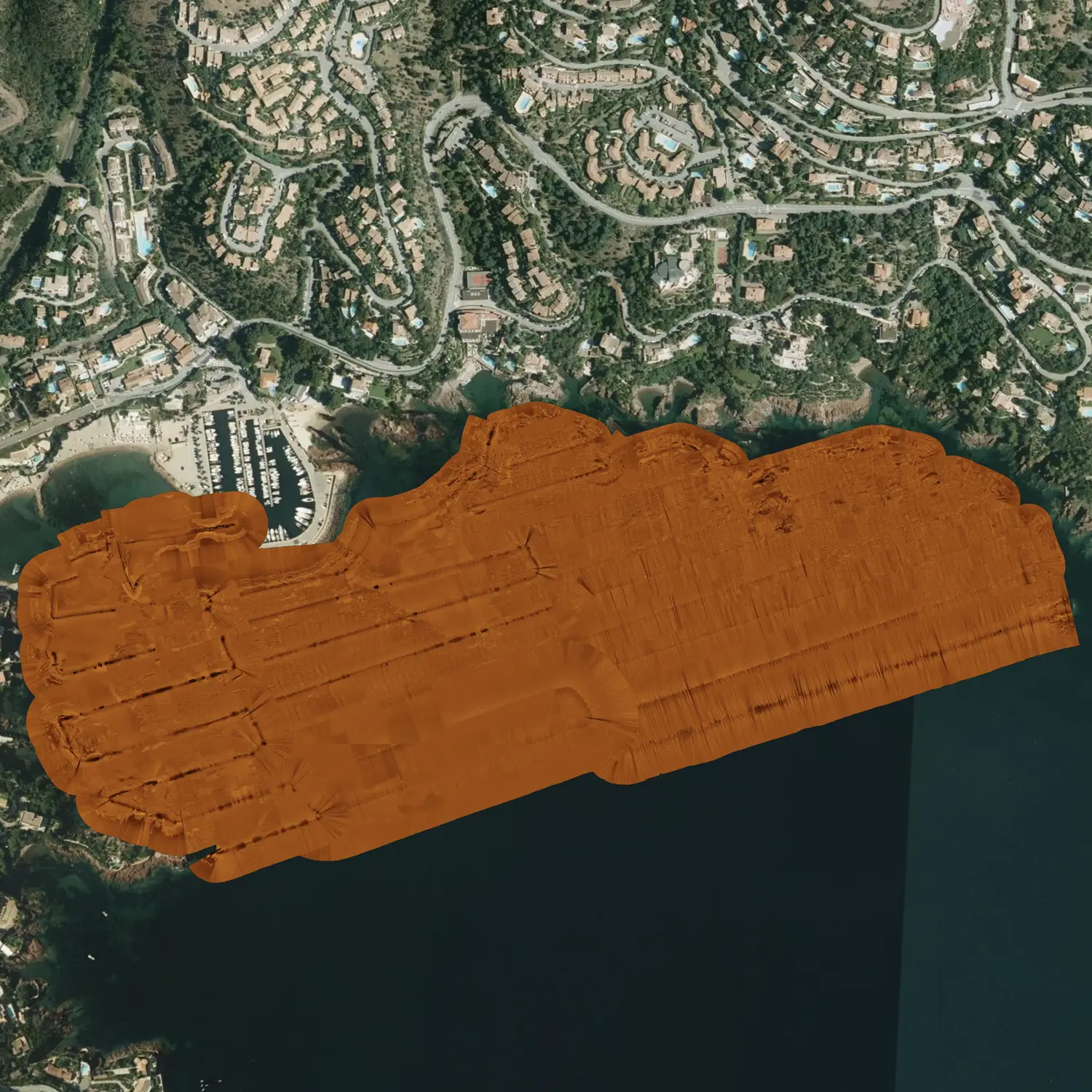 Side-scan sonar survey covering approximately 33 hectares of seabed in the Bay of La Figueirette, Théoule-sur-Mer.