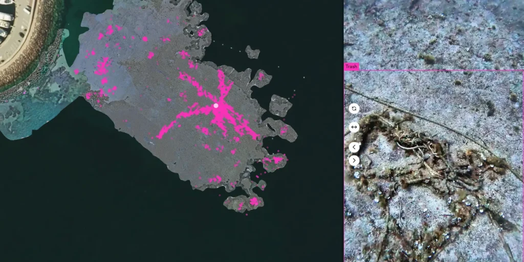 Cosma web platform showing AI-assisted detection and georeferenced imagery of underwater macrowaste in Théoule-sur-Mer.