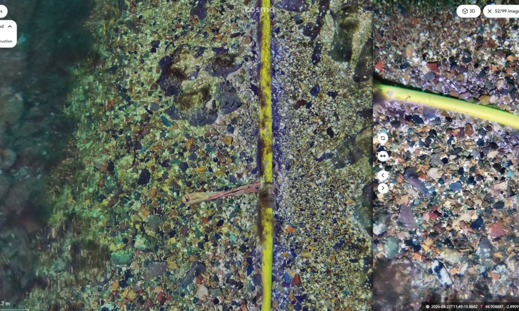 Cosma platform showing the 3D reconstruction of the subsea cable alongside georeferenced ground-truth imagery at Paimpol.